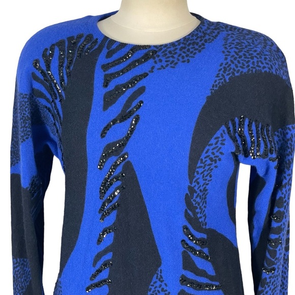 Vintage 80’s Tiano Blue Black Wool Angora Sequin Embellished Sweater Sz M - Picture 2 of 11